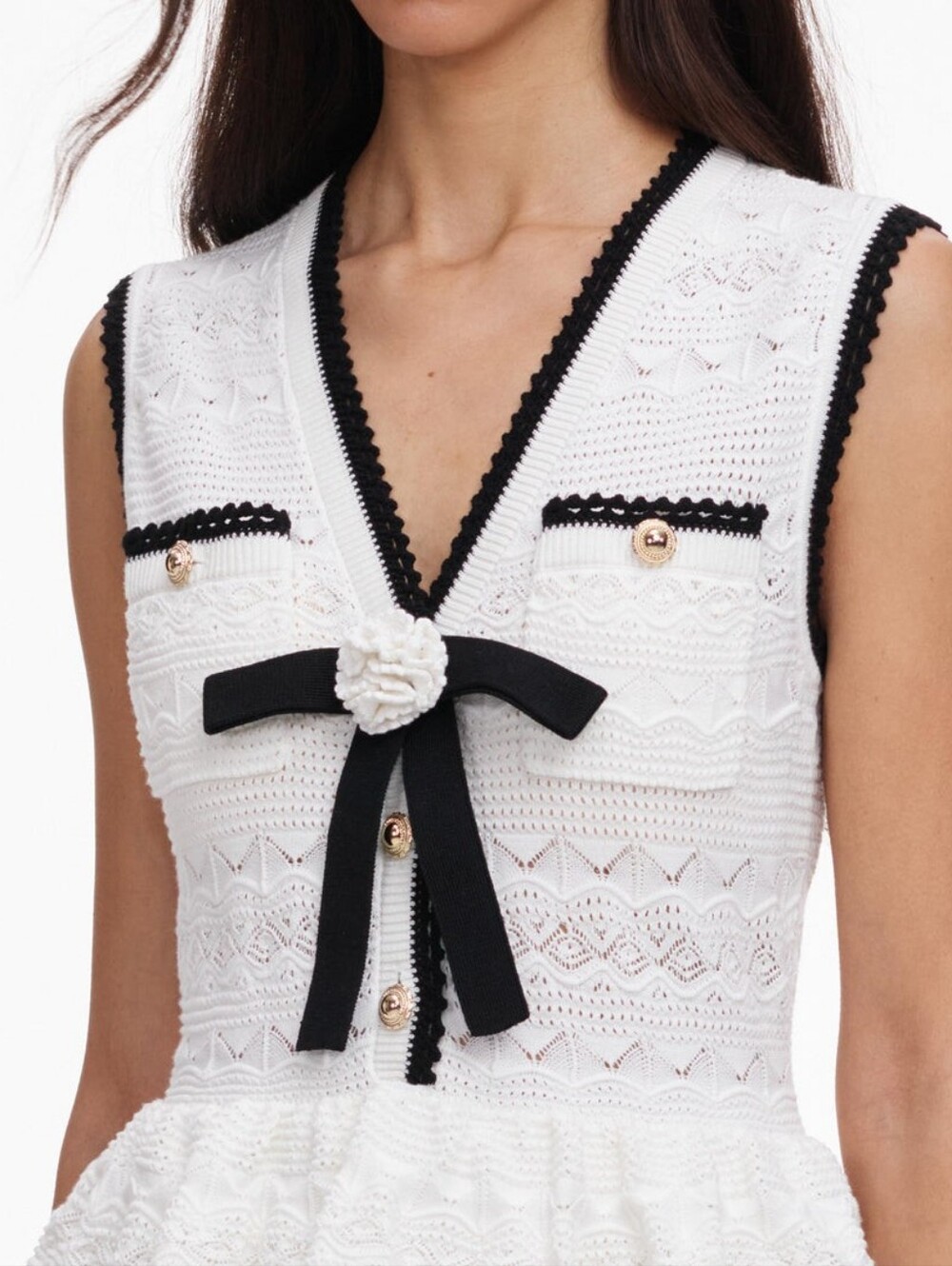 Self Portrait White Peplum Pointelle Knit Mini Dress - Picture 5 of 9